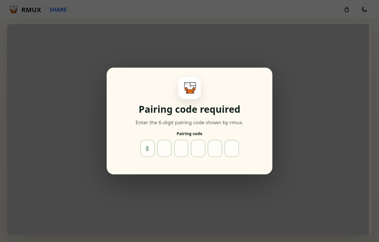 Browser client asking for a six digit rmux pairing PIN